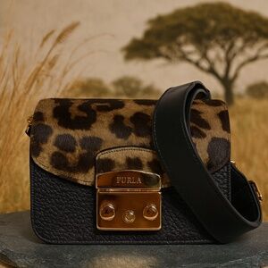 NEW Furla Metropolis Black/Leopard Print Fur Mini Crossbody Bag - Made in Italy
